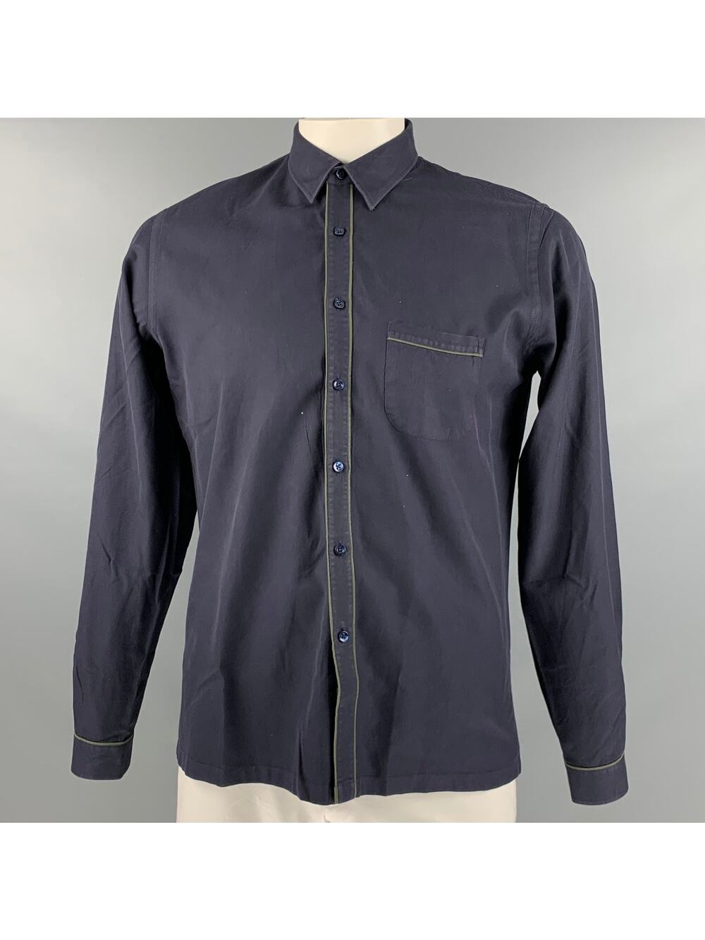 L.Y ADAMS Size L Navy Green Contrast Trim Cotton Long Sleeve Shirt